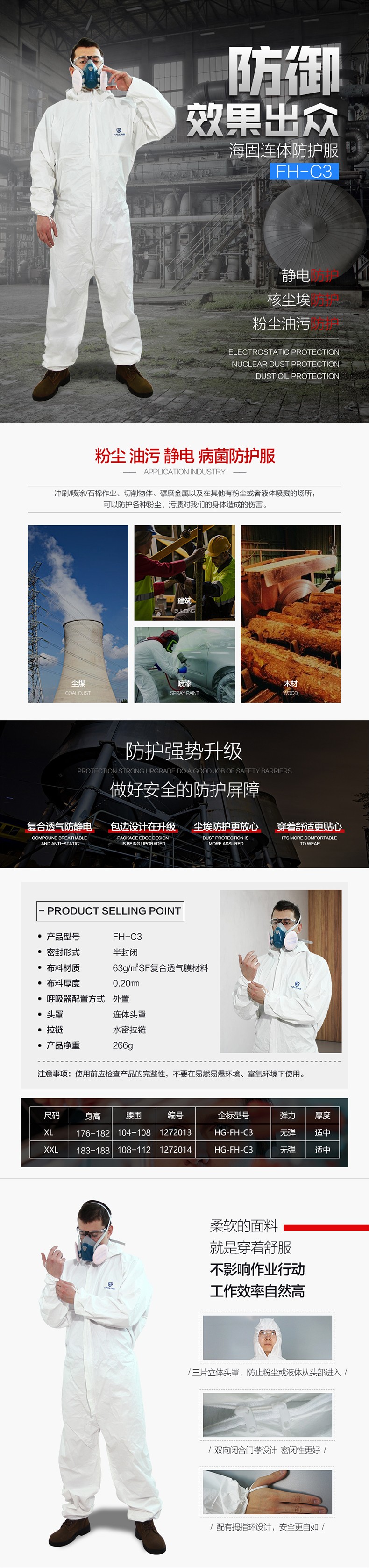 海固FH-C3優(yōu)越連體防護(hù)服 連體防粉塵、油污、靜電、病菌防護(hù)服圖片1