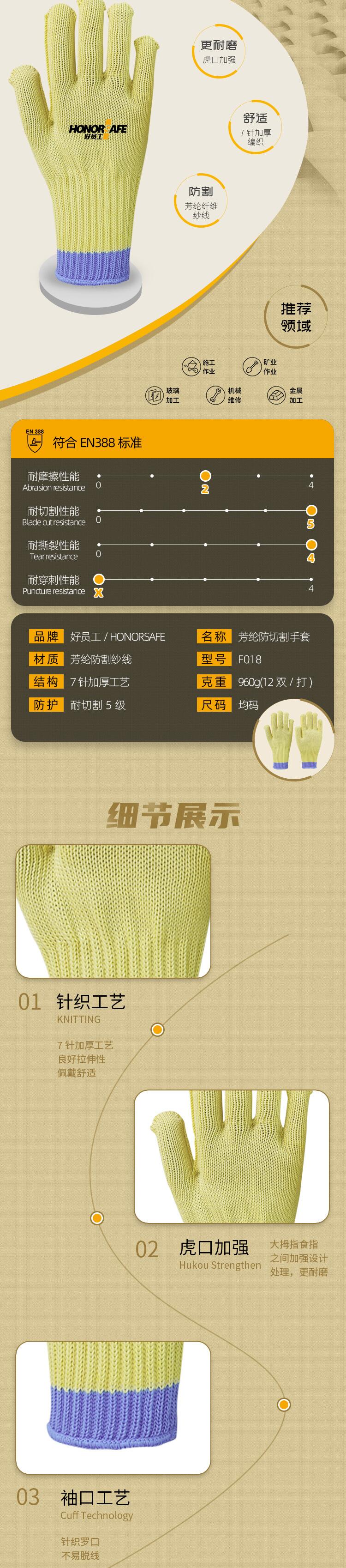 好員工F018黃藍(lán)長款五級防割手套圖片