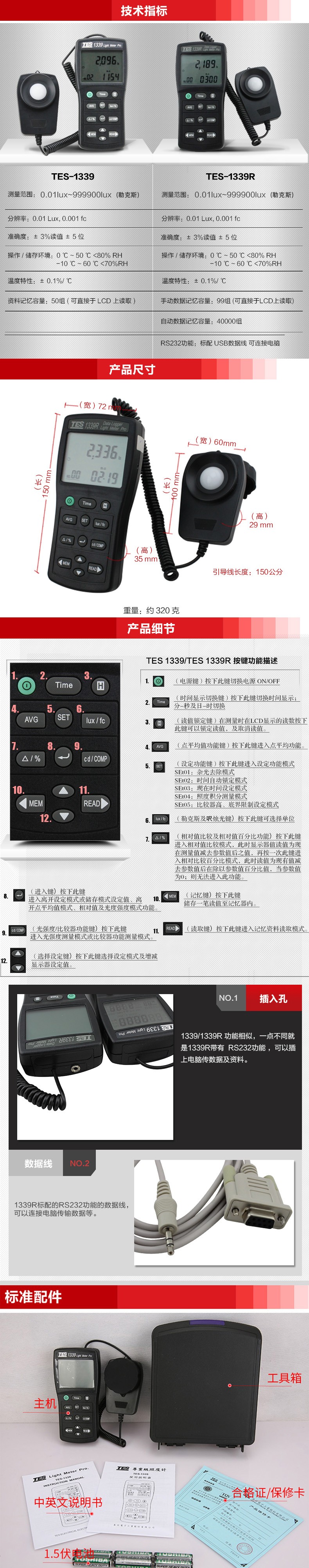 臺(tái)灣泰仕TES-1339R專業(yè)級(jí)照度計(jì)RS-232圖片2