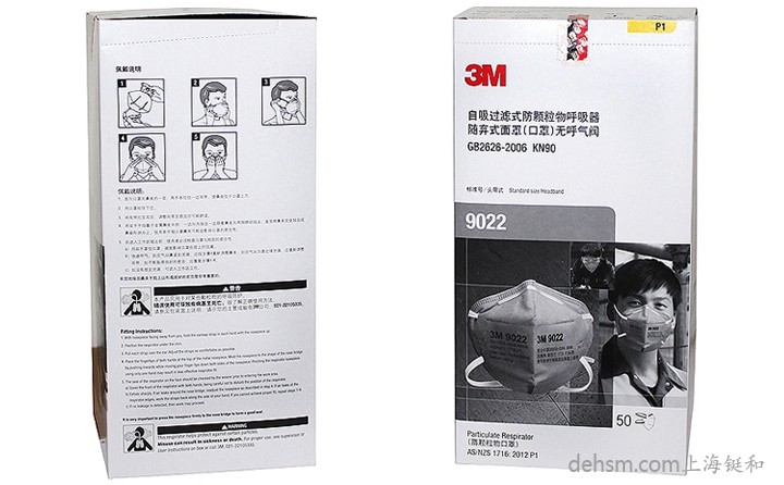 3M9022口罩50只/盒，包裝盒正反面圖
